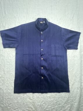 Artisans Angkor Raw Silk Shirt Blue Ombre Band Collar Mens L